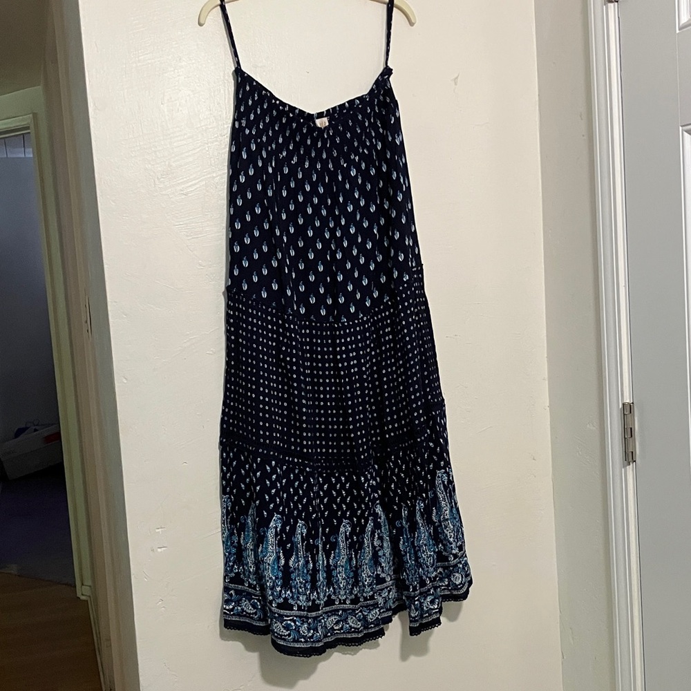 Bila Navy Blue Printed Midi Dress with Spaghetti Straps